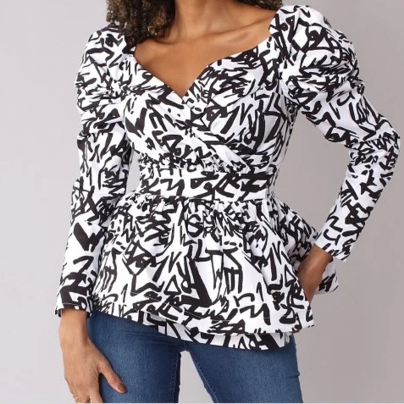#A024   For Her NYC  Black & White Off-Shoulder Peplum Top  Size S  NWT - Picture 1 of 13